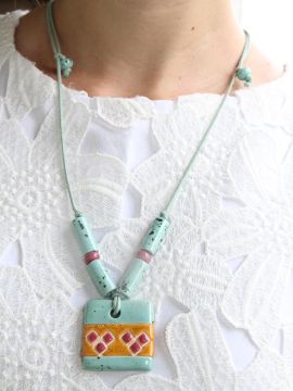 Colar Pingente Quadrado com Brinco - Azul Manchado