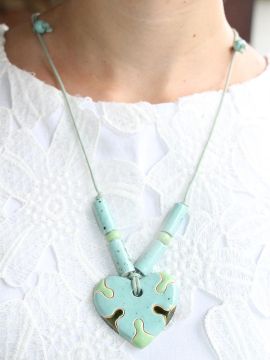 Colar Pingente Coração com Brinco - Azul Manchado