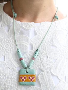 Colar Pingente Quadrado com Brinco - Azul Manchado